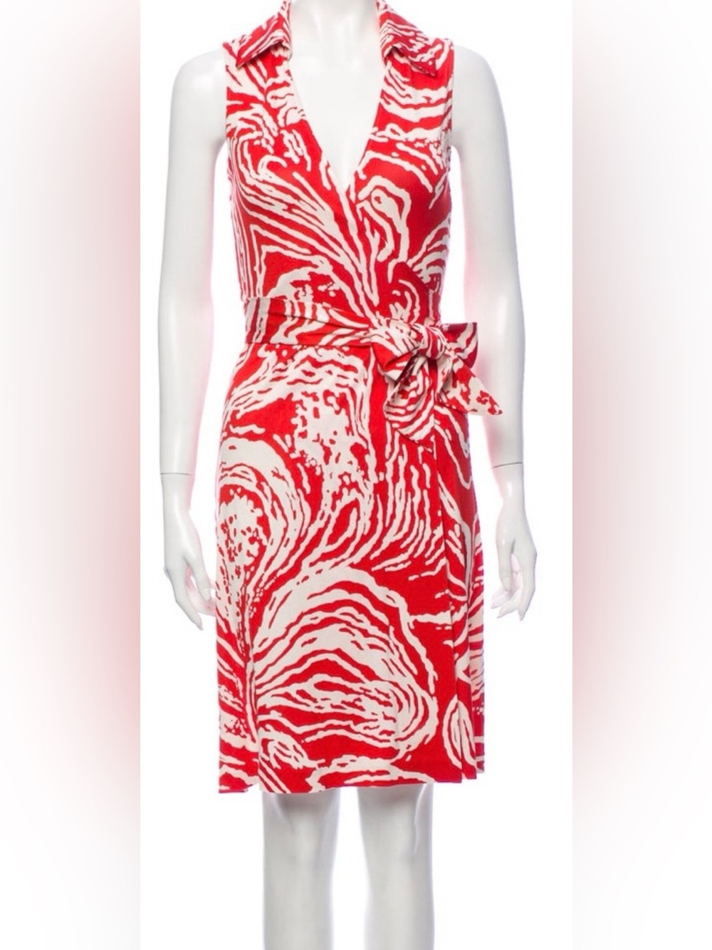 DIANE VON FURSTENBERG Red Swirl 100% Silk Wrap Dress Collared XS US 2⁠